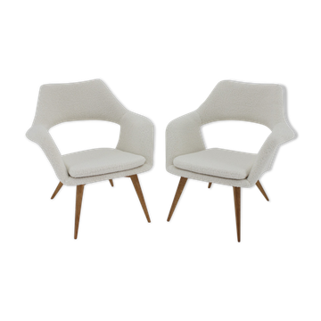 Pair of miroslav navratil shell lounge chairs in sheepskin fabric, czechoslovakia, 1960