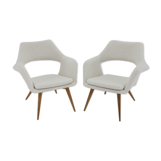 Pair of miroslav navratil shell lounge chairs in sheepskin fabric, czechoslovakia, 1960