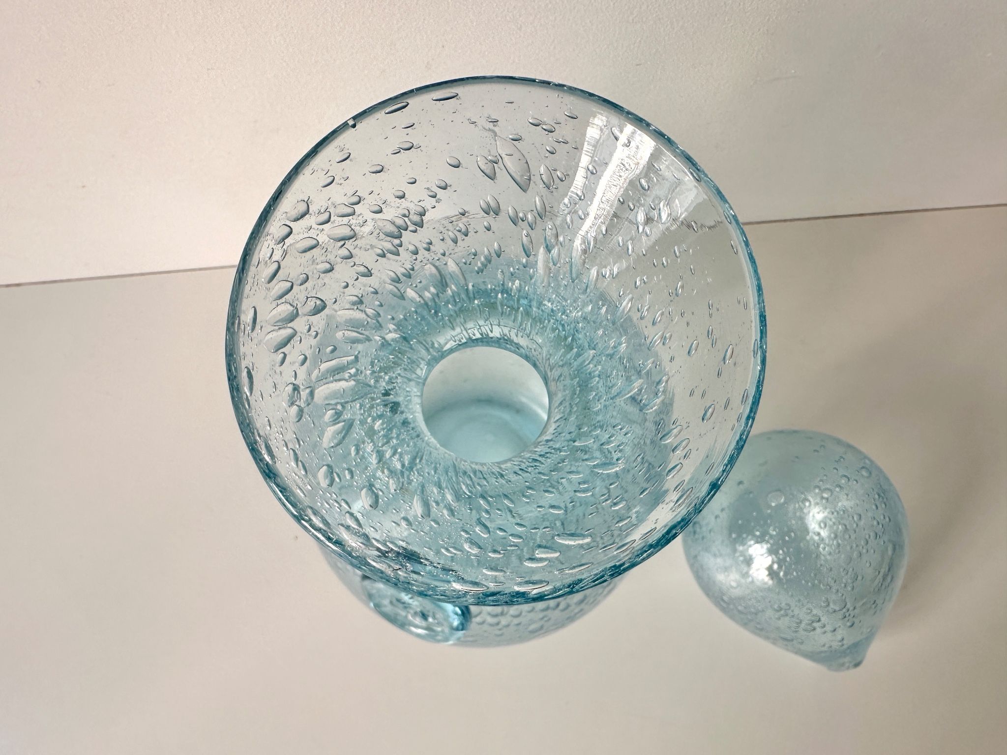 Vintage 1960s blue bubble glass BIOT carafe
