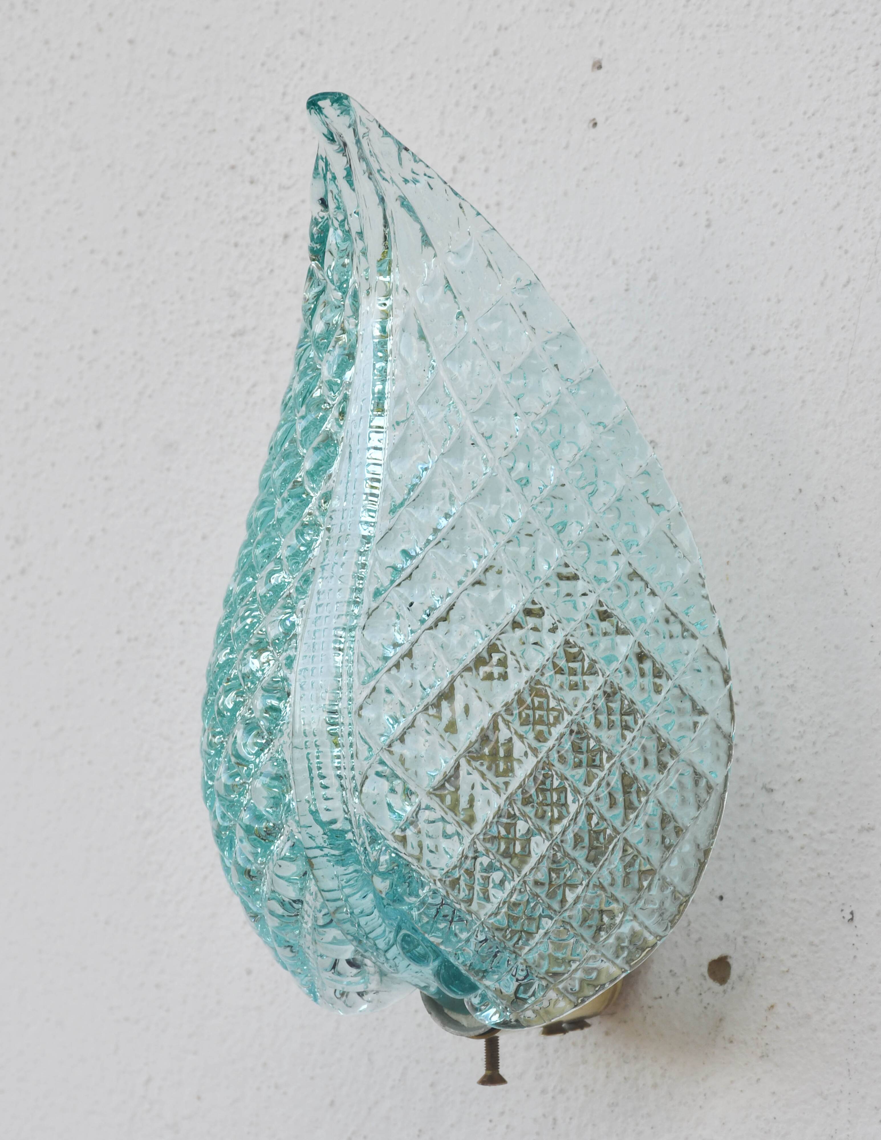 Set of 2 Rare Wall light Blue Jewel Murano Glass Leave by Barovier e Toso, 1950s