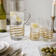 Vintage glassware set with decanter – golden spirals, France 1960