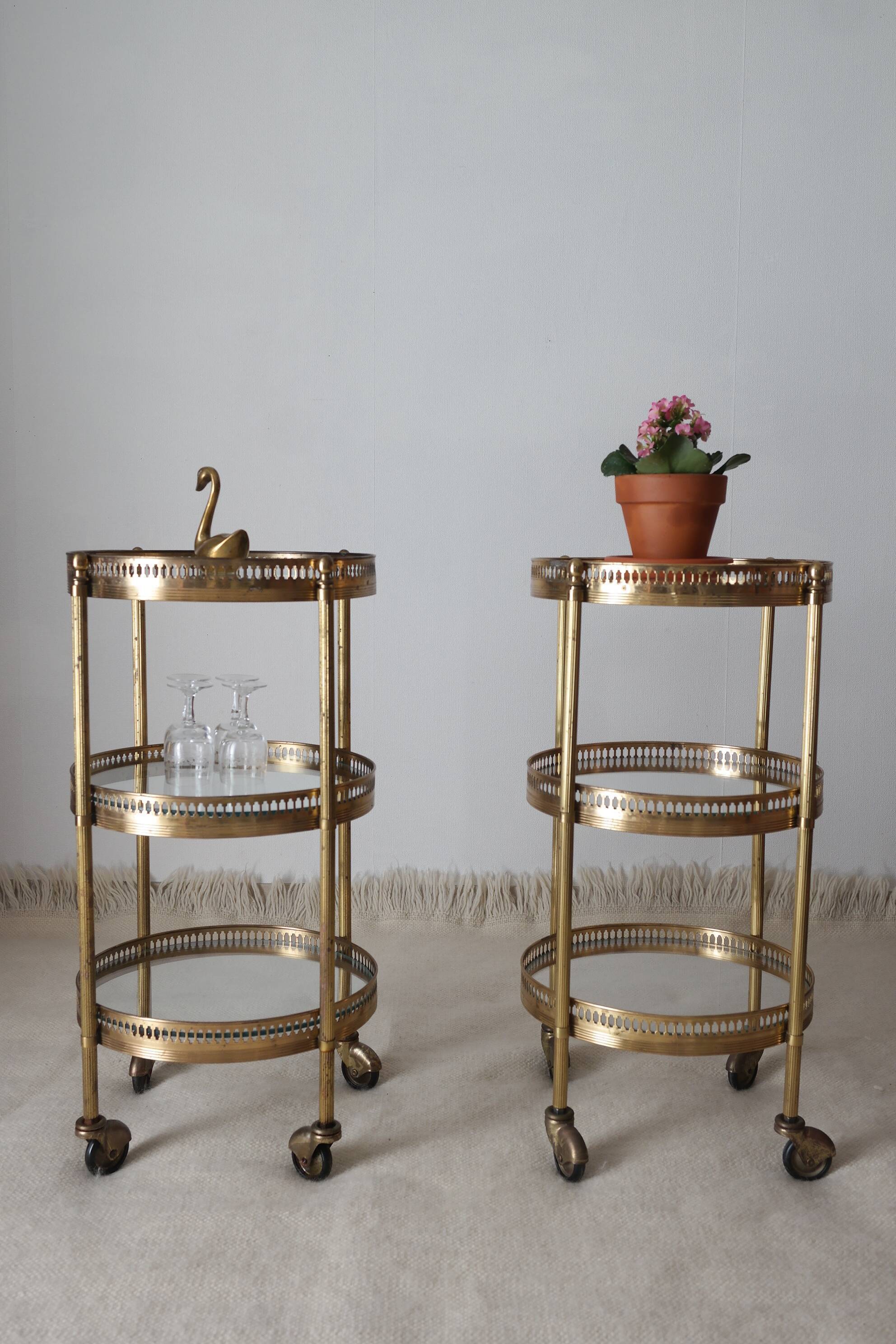 Pair of round old brass glass desserts