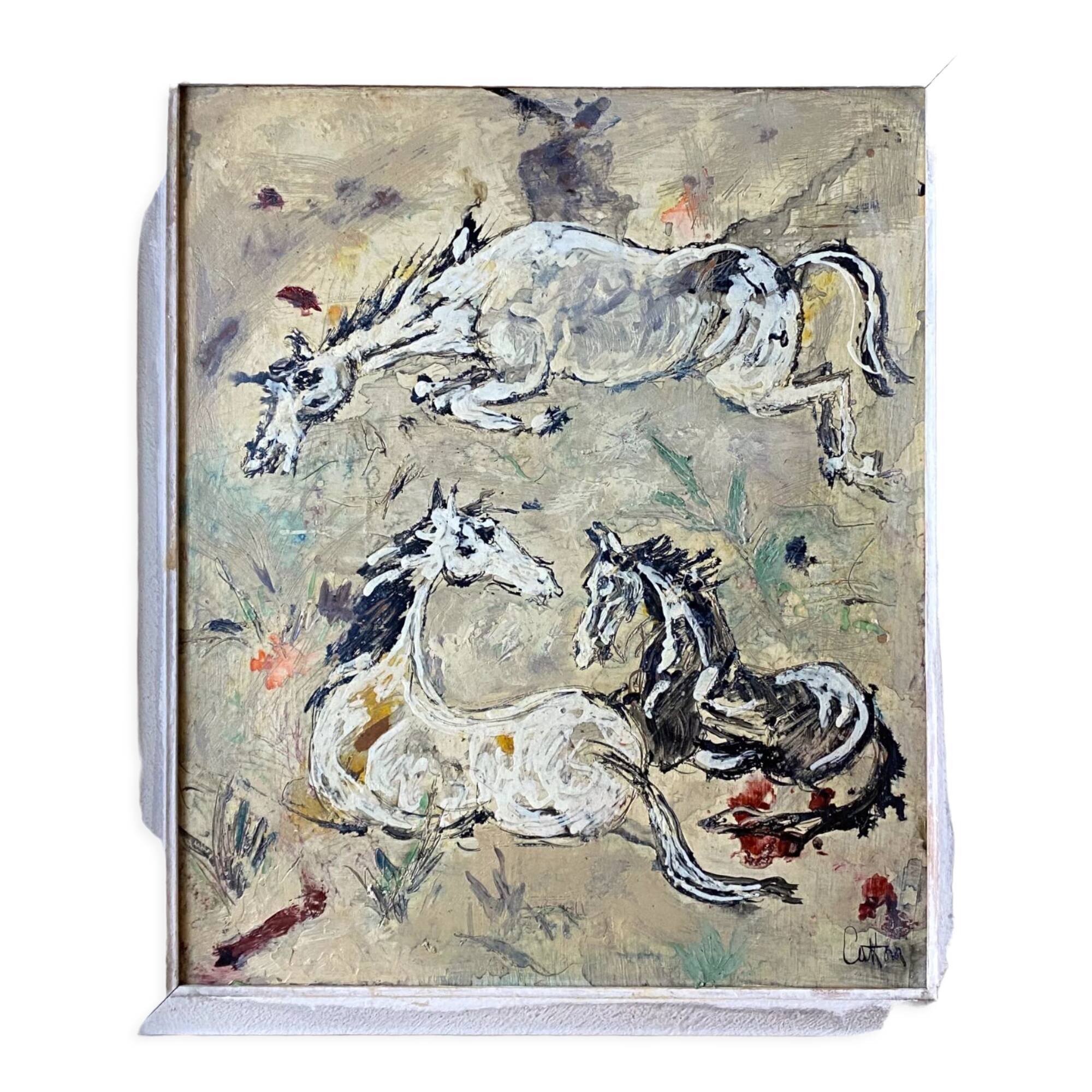 Painting Pierre Catton (1903) "The dance of the horses" HSP cf. B. Buffet + frame