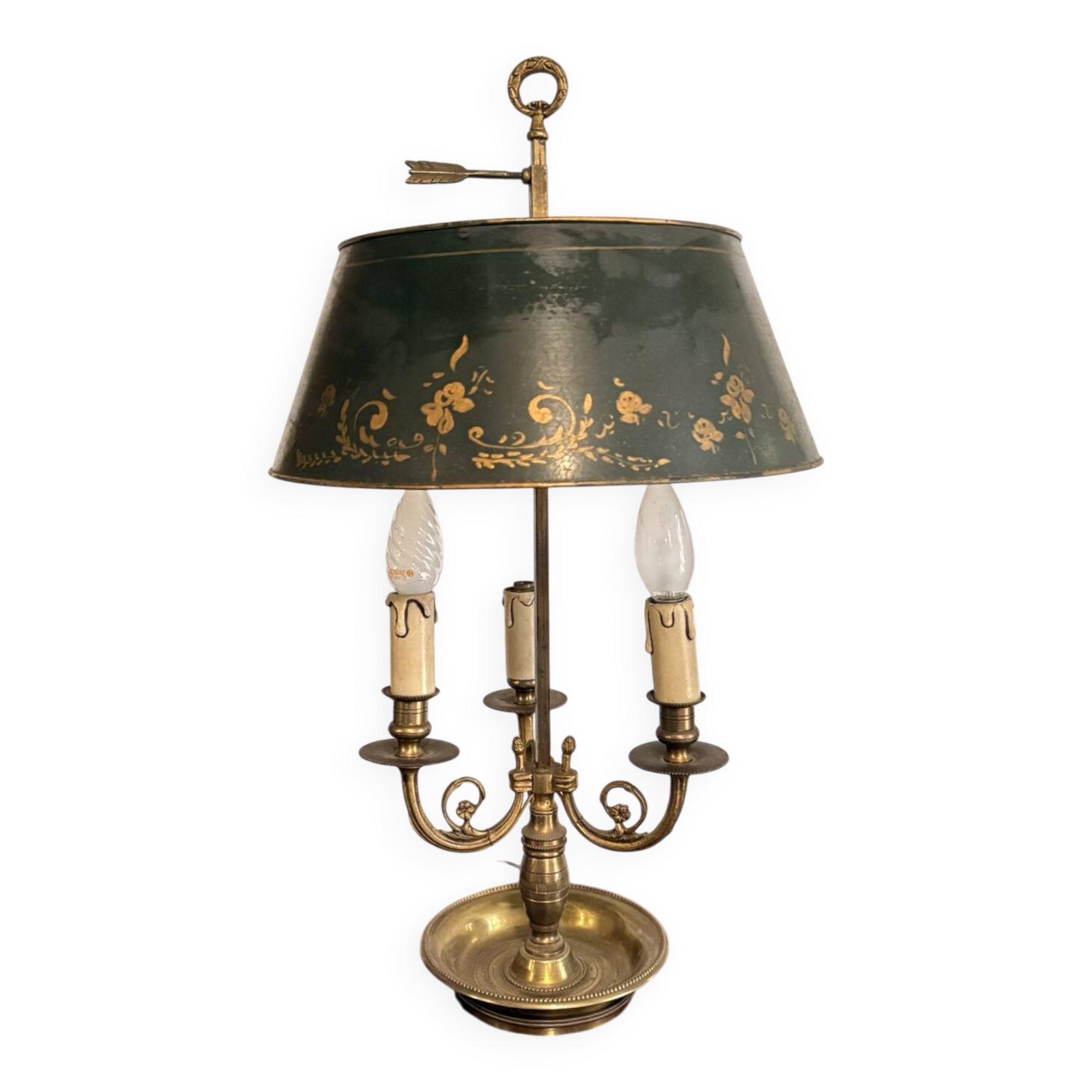 Three-Arm Bouillotte Lamp with Fire Shade, Green Tôle, Empire Directoire