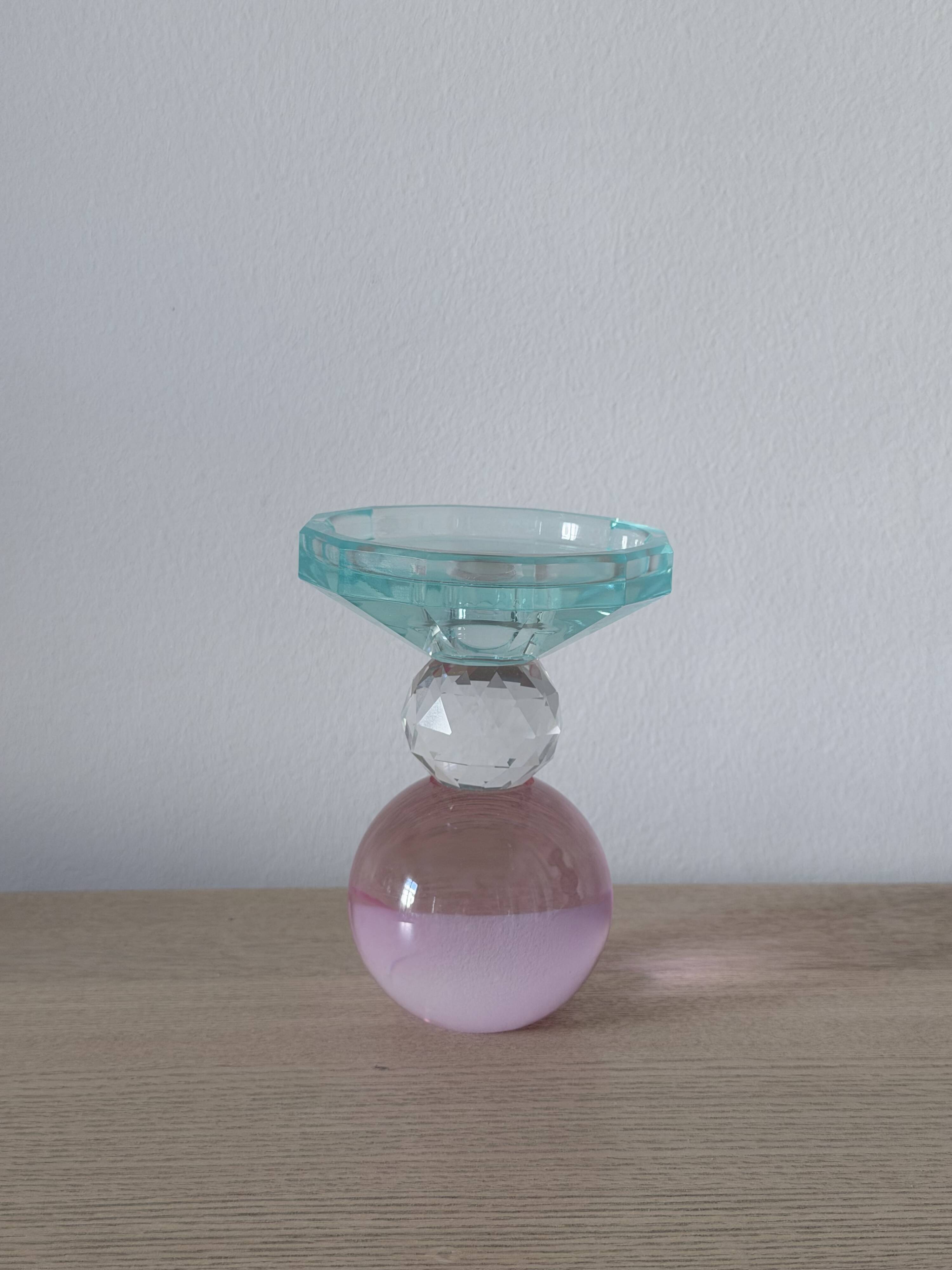 Sculptural candle holder in frosted pink and blue glass