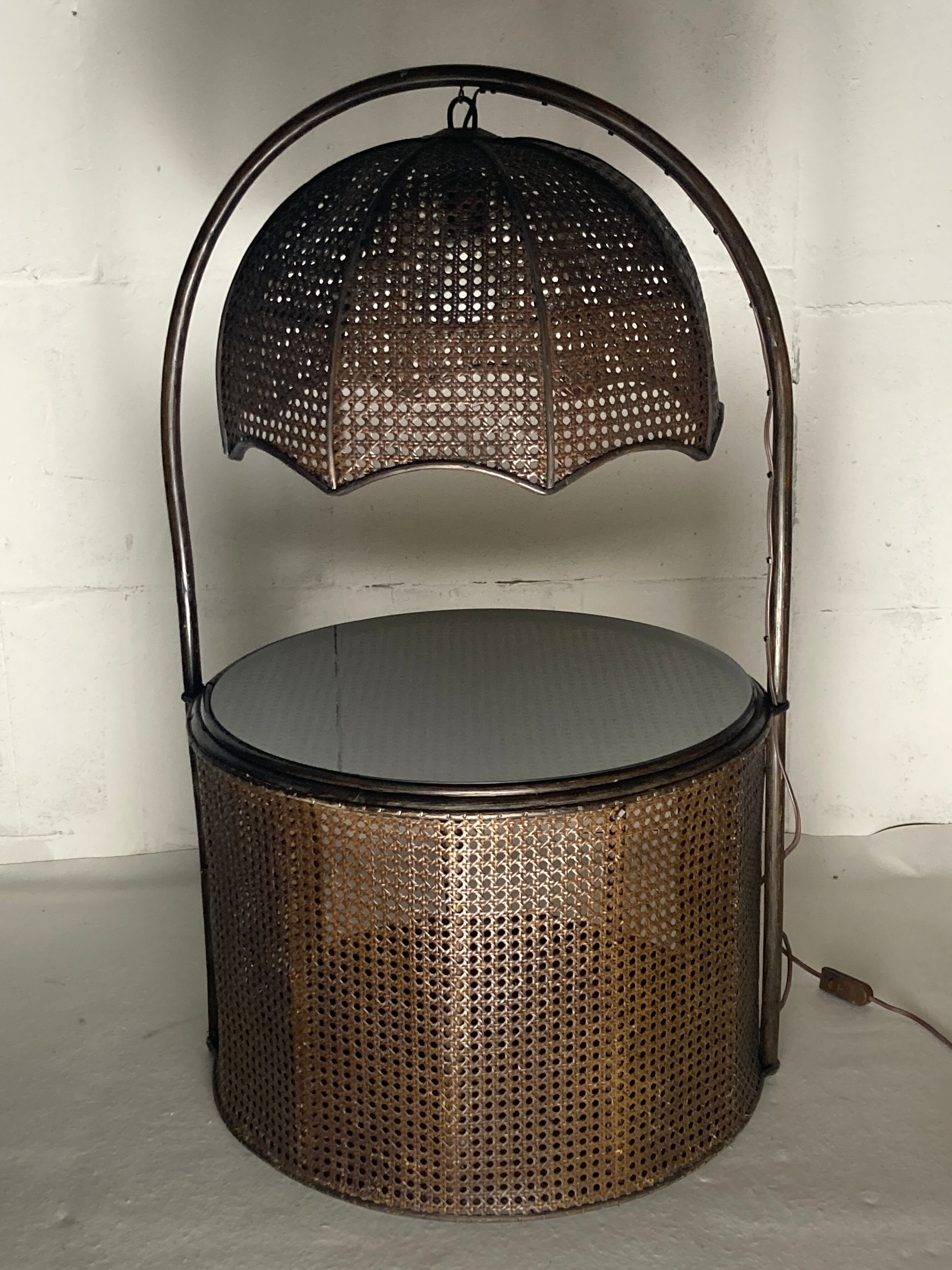 Faux bamboo rattan webbing side table with integrated hanging lamp, Dutch 1960s-1970s
