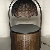 Faux bamboo rattan webbing side table with integrated hanging lamp, Dutch 1960s-1970s