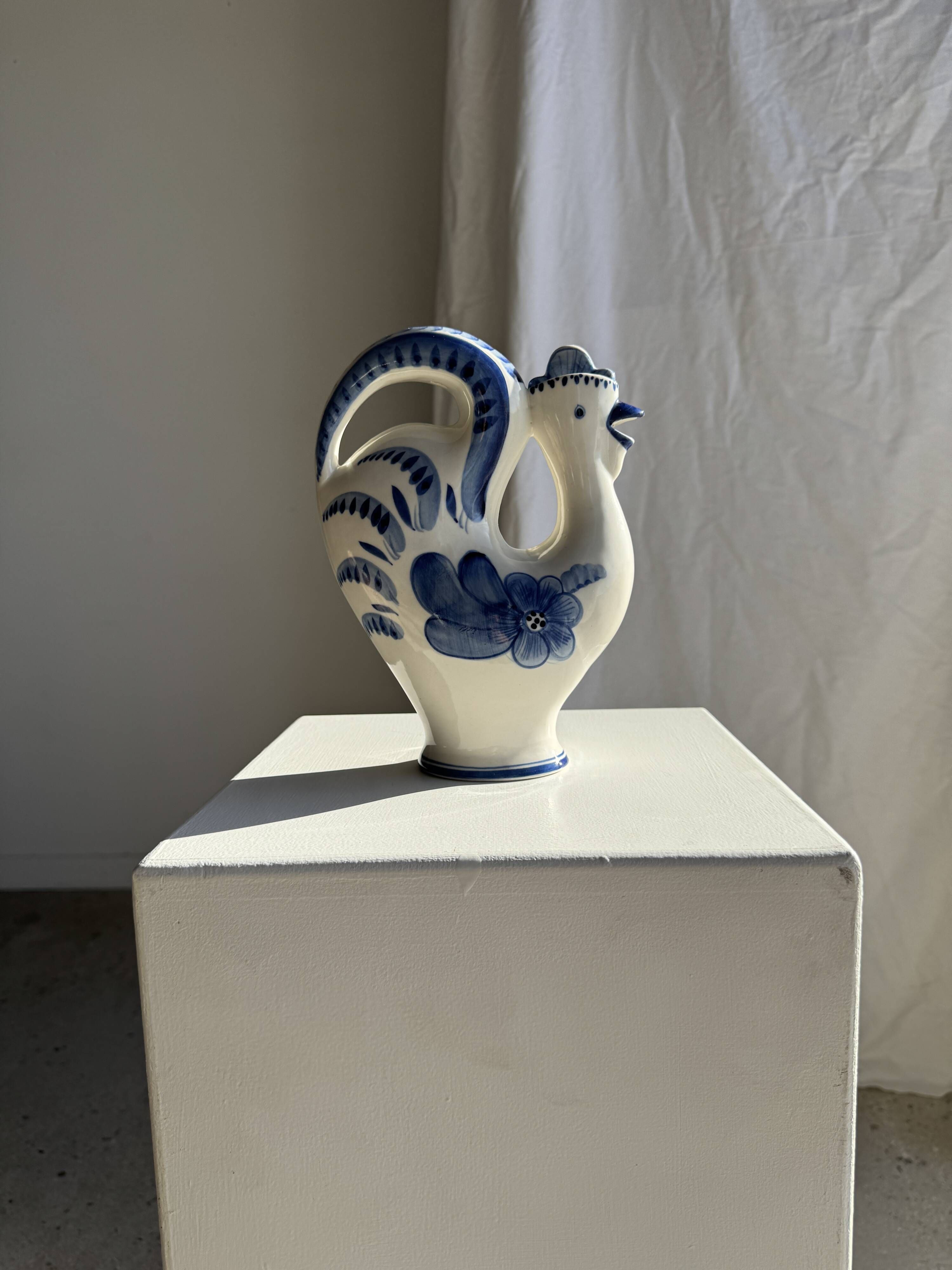 Vintage white ceramic carafe with blue Gjel-style decoration, USSR.