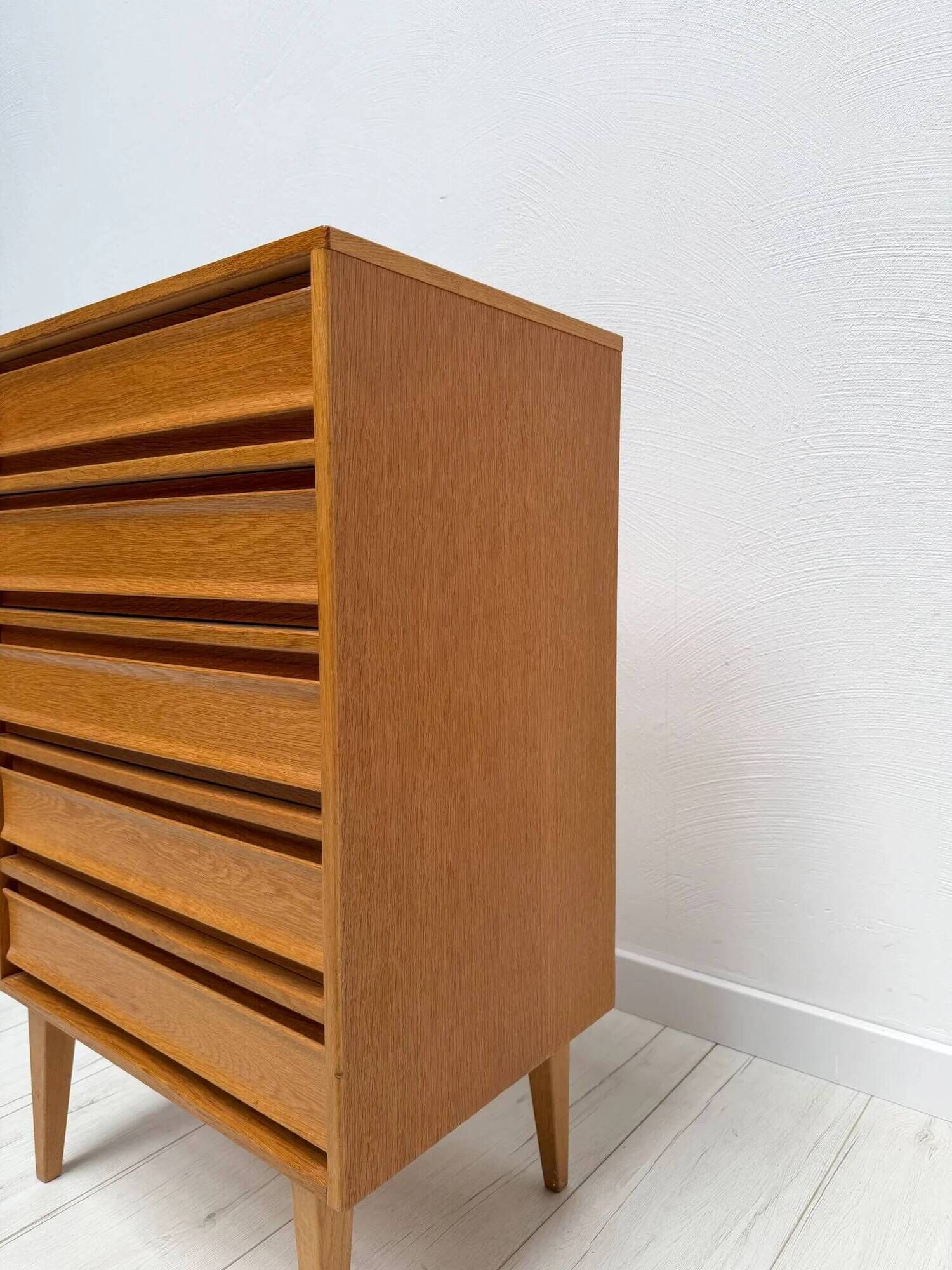 1960s vintage mid-century oak tallboy chest of drawers