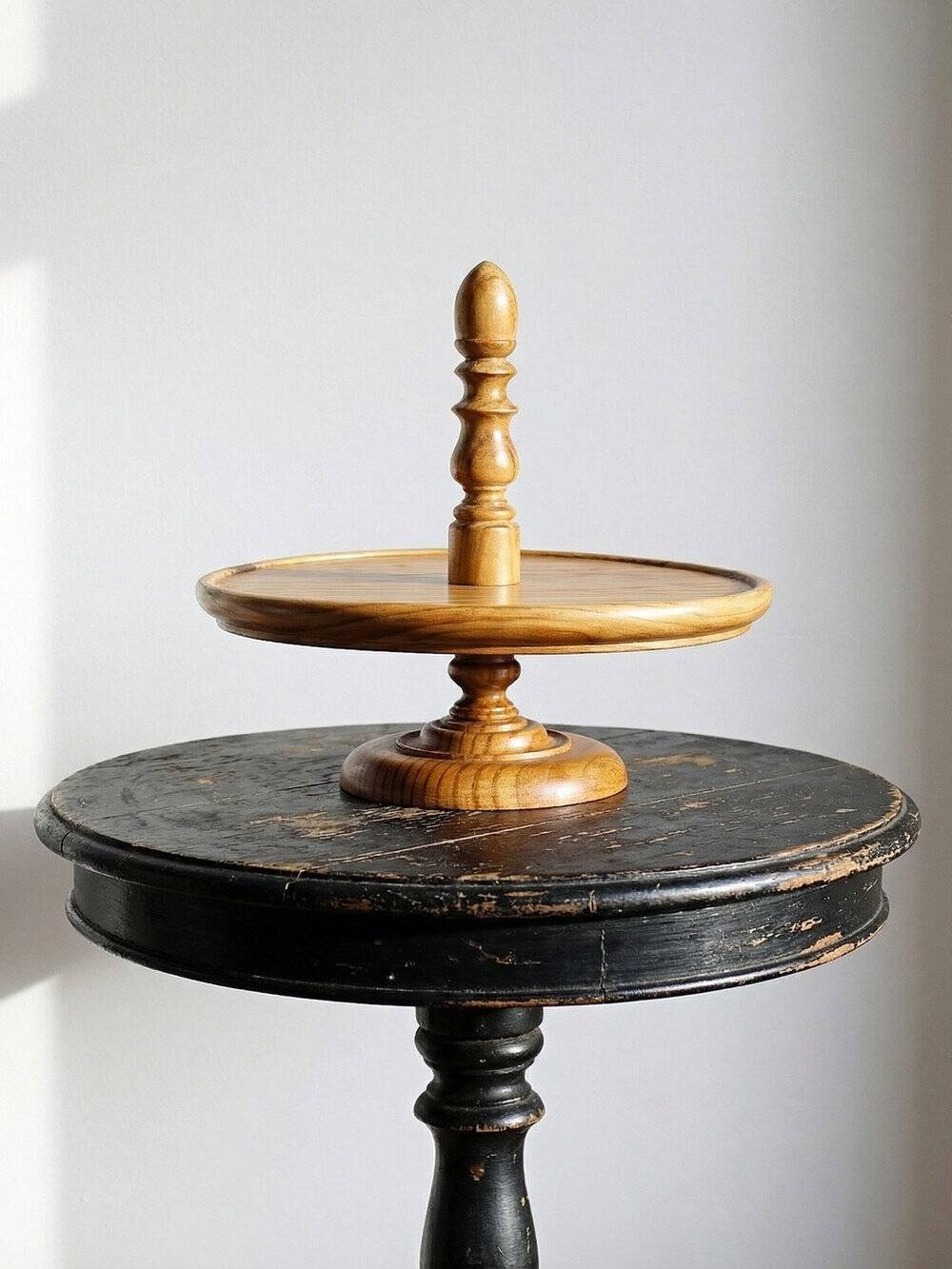 Large wooden pine cheese display stand, handcrafted, vintage 70s-80s.