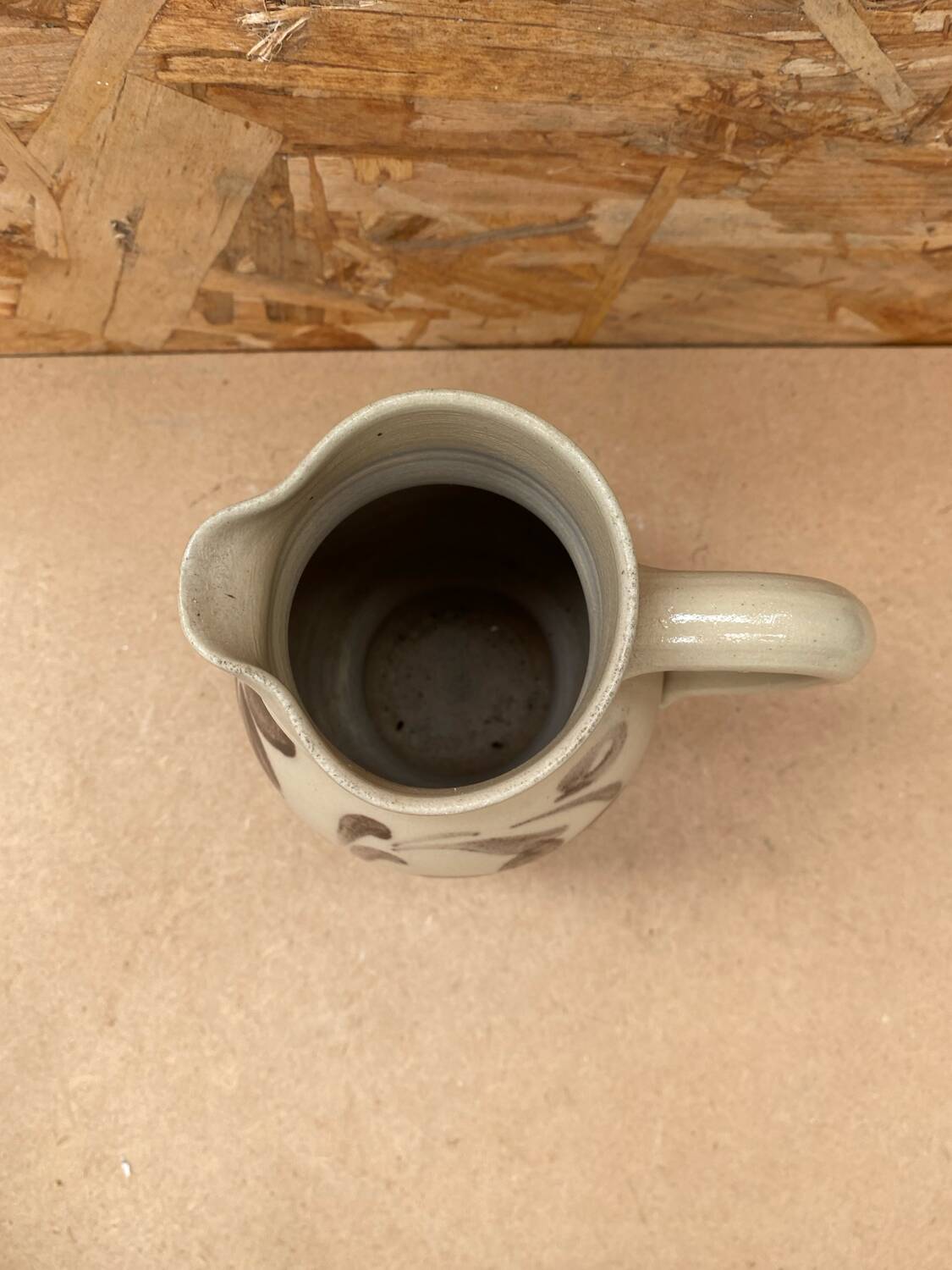 Old pitcher betschsorf stoneware beige deco flowers brown blue vintage