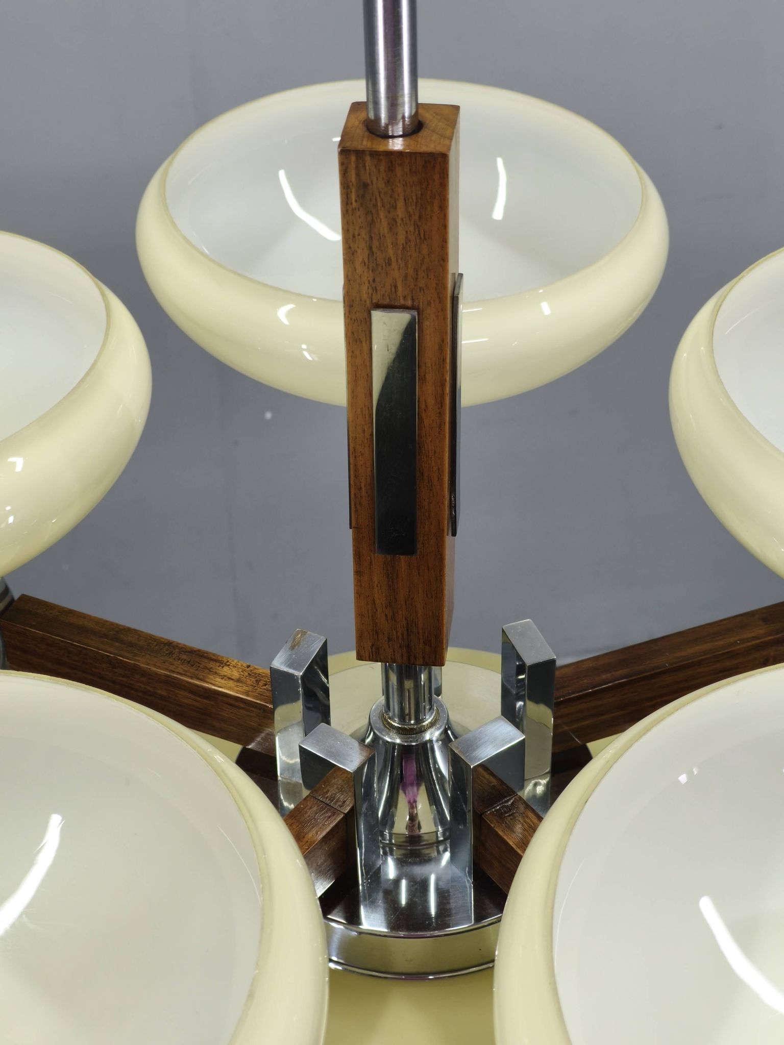 Art Deco Chrome and Walnut Chandelier, Czechoslovakia, 1930s