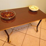 Lounge table, side table on wheels, formica top, gold and black metal