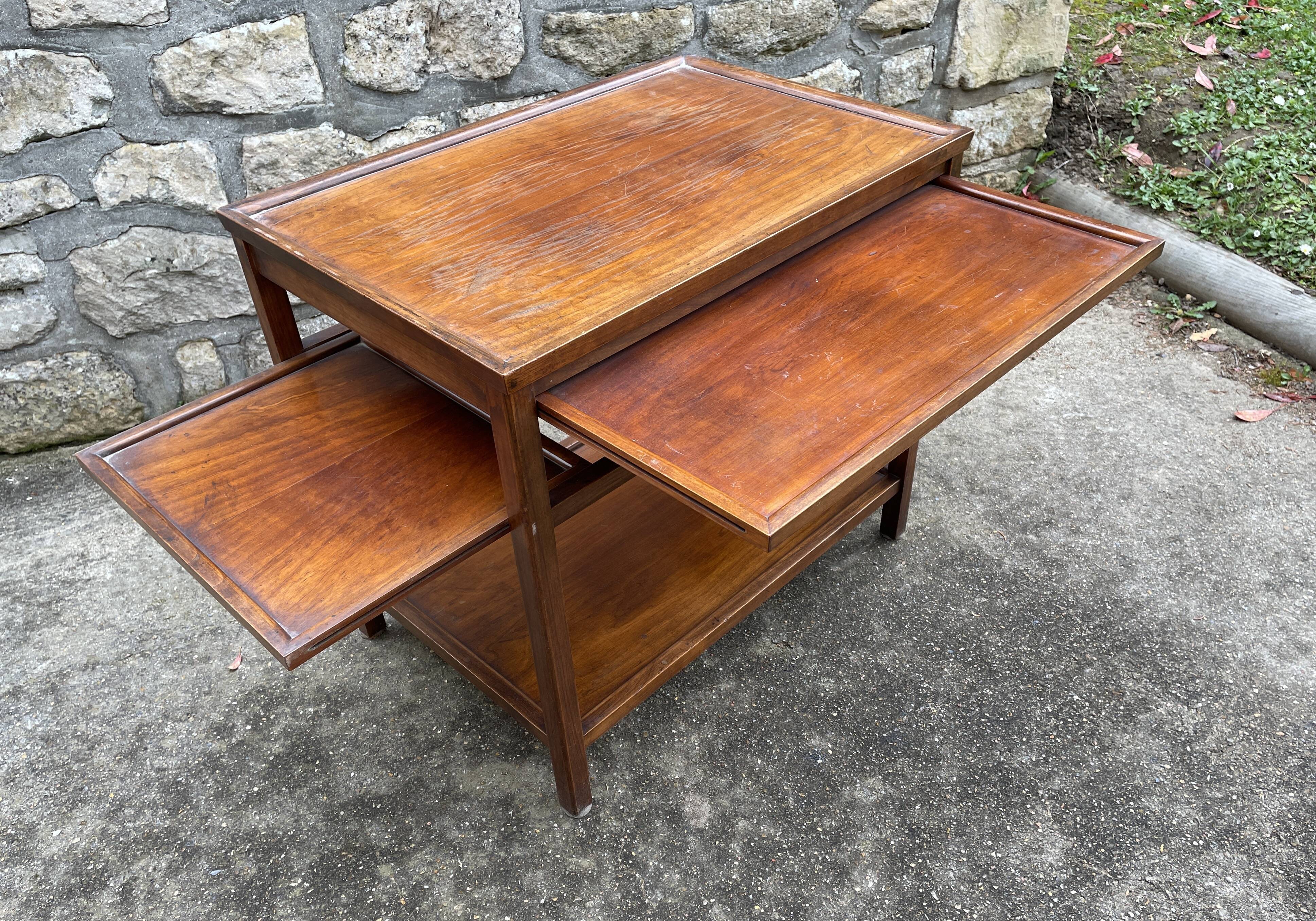 Side table / cherry tree service with 3 sliding shelves.