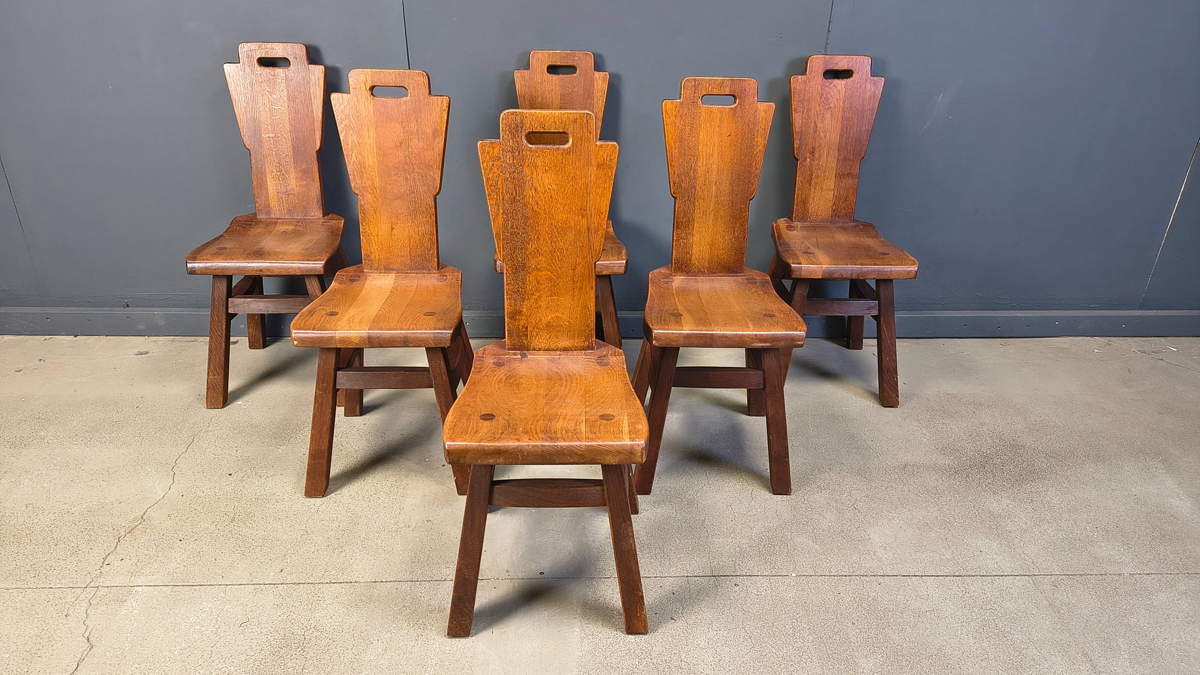 Vintage oak brutalist chairs, 1970s set of 6