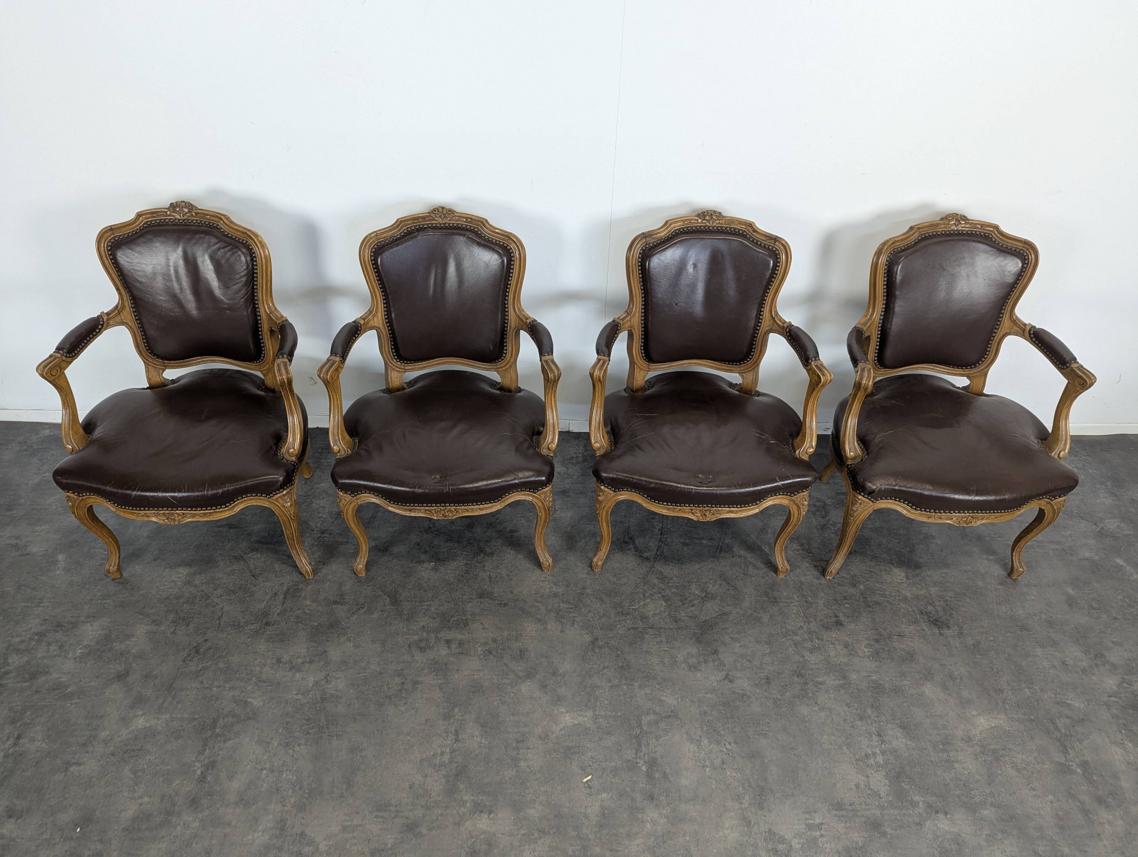 Set of 4 Louis XV style leather armchairs