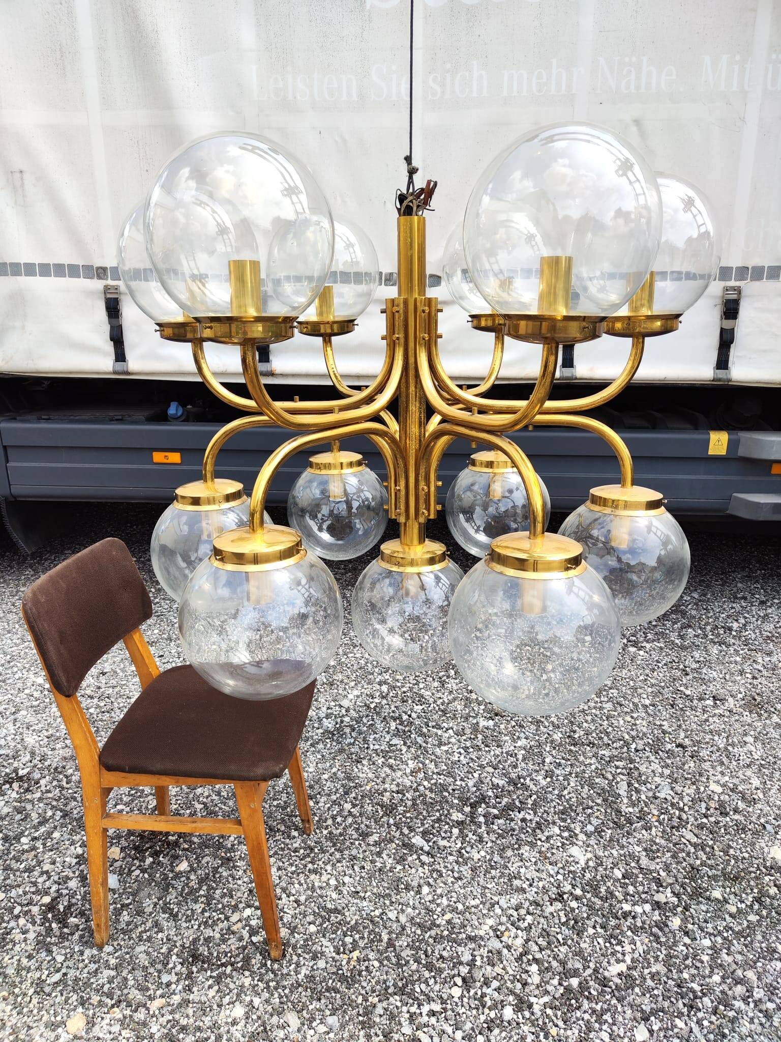 Large Vintage Brass Chandelier: Mid-Century Italian 13-Bulb Pendant Light