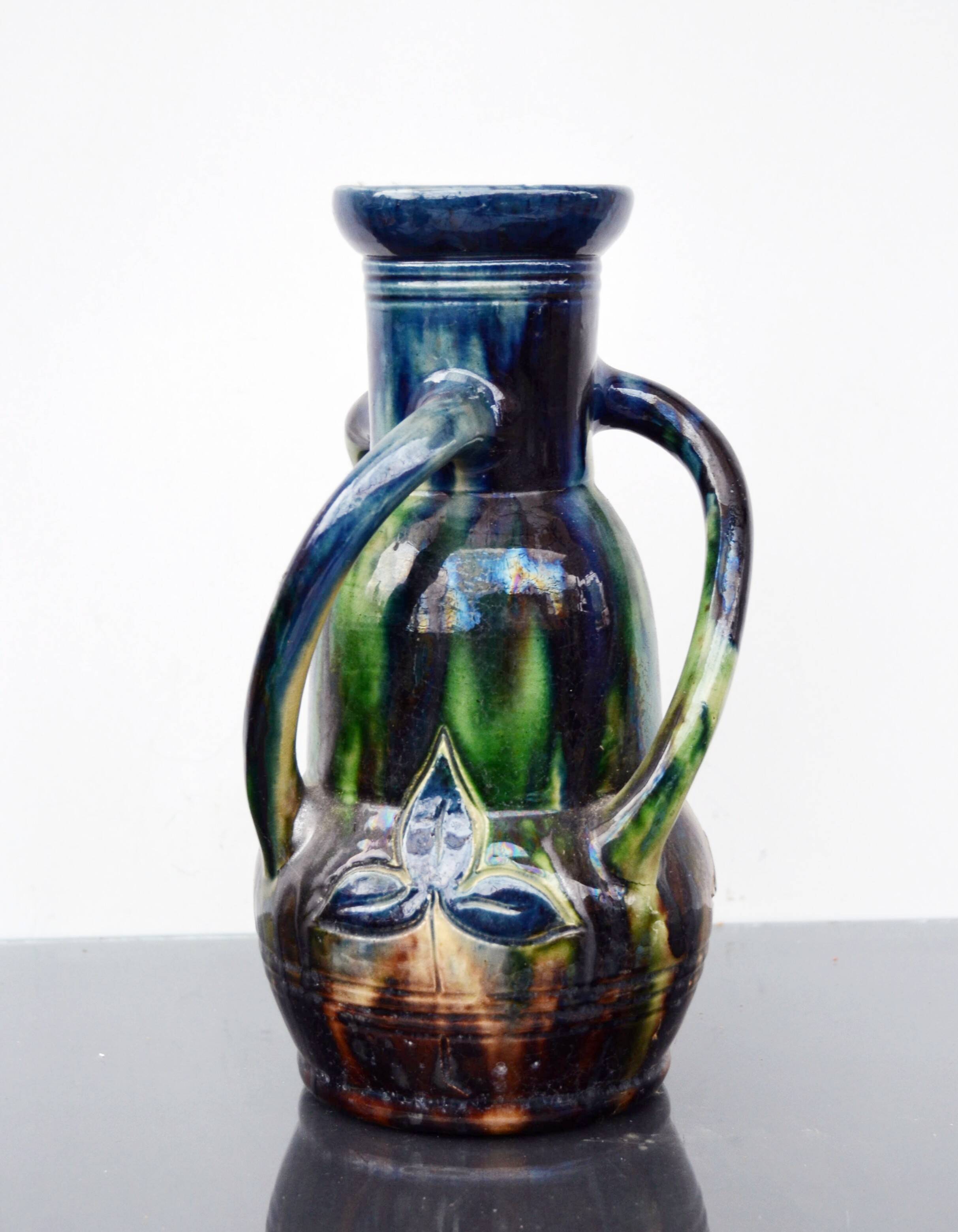 Art Nouveau Mini Vase Drip Glaze Faienceries Belgium with 3 Twisted Handles