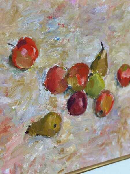 Original Swedish oil on canvas – “Frukt” by Bente Bjerregaard – dated 1989 – vintage & framed 59 × 70 cm