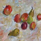 Original Swedish oil on canvas – “Frukt” by Bente Bjerregaard – dated 1989 – vintage & framed 59 × 70 cm