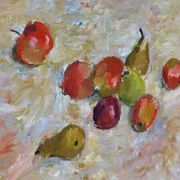 Original Swedish oil on canvas – “Frukt” by Bente Bjerregaard – dated 1989 – vintage & framed 59 × 70 cm