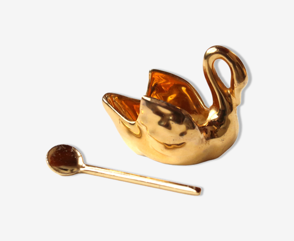 Cygne saleron en porcelaine de Limoges et sa cuillère, années 50