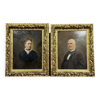 Jules-Émile Saintin : paire de portraits de notables / huiles sur panneaux milieu XIXème