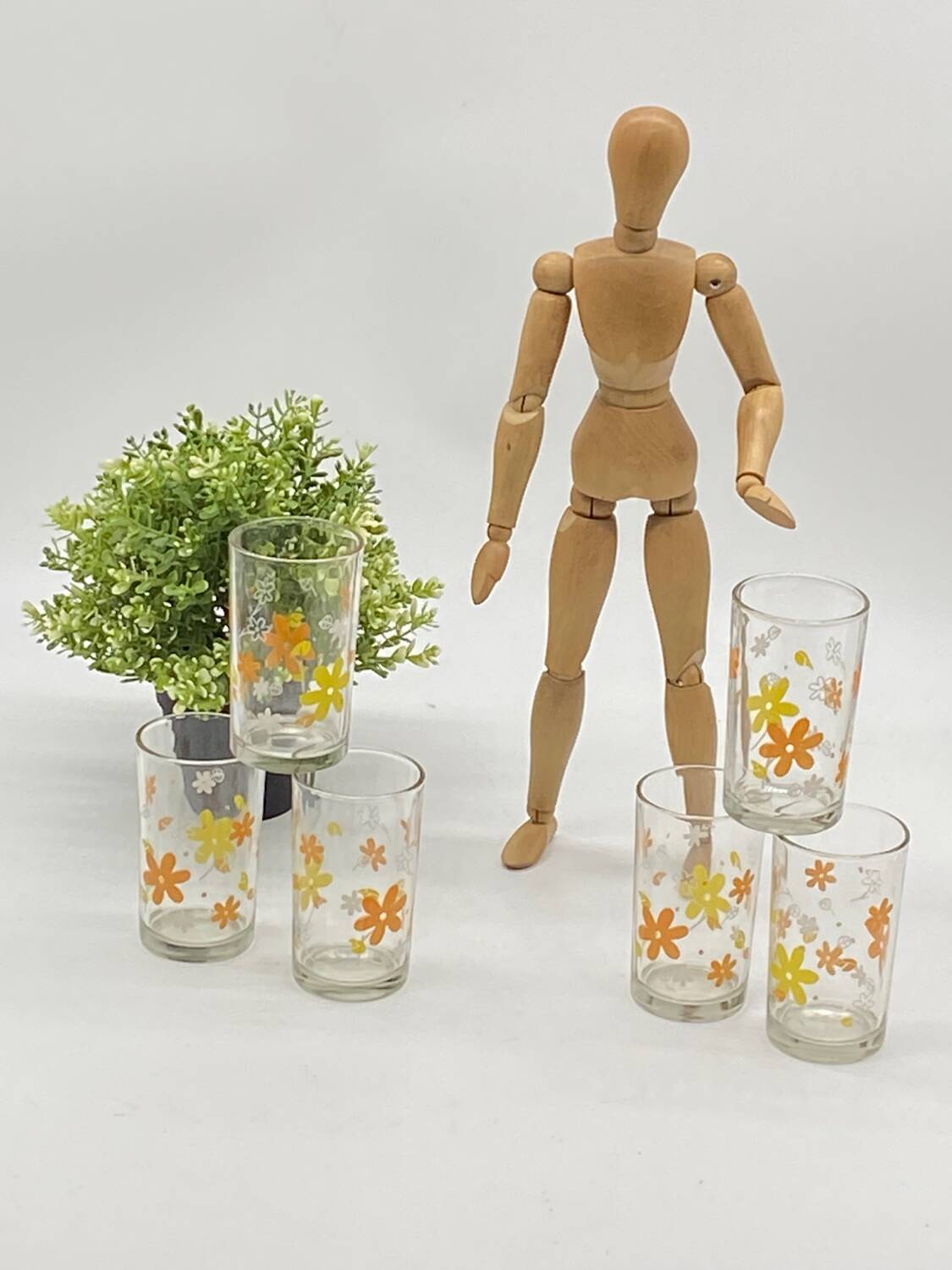 Service of 6 orangeade glasses, vintage, pop, picnic flowers 🟡🟠,