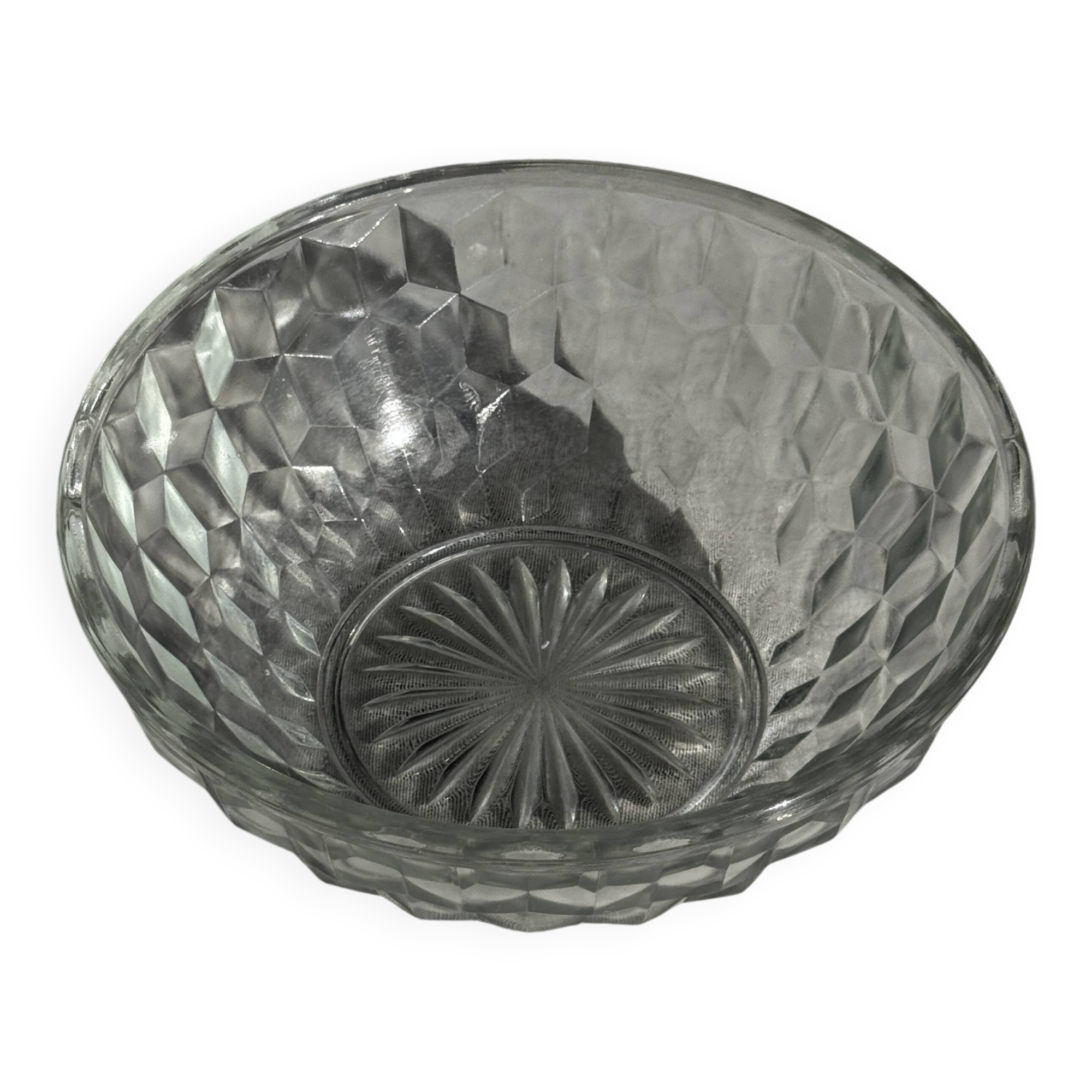 Small vintage glass bowl with a cube pattern.