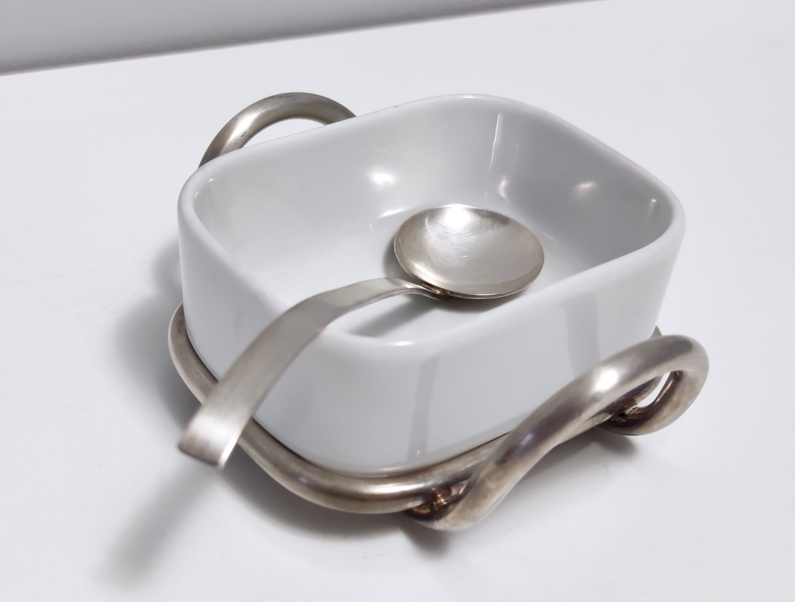 Postmodern Lino Sabattini Silver-Plated and Ceramic Cheese Bowl with Spoon
