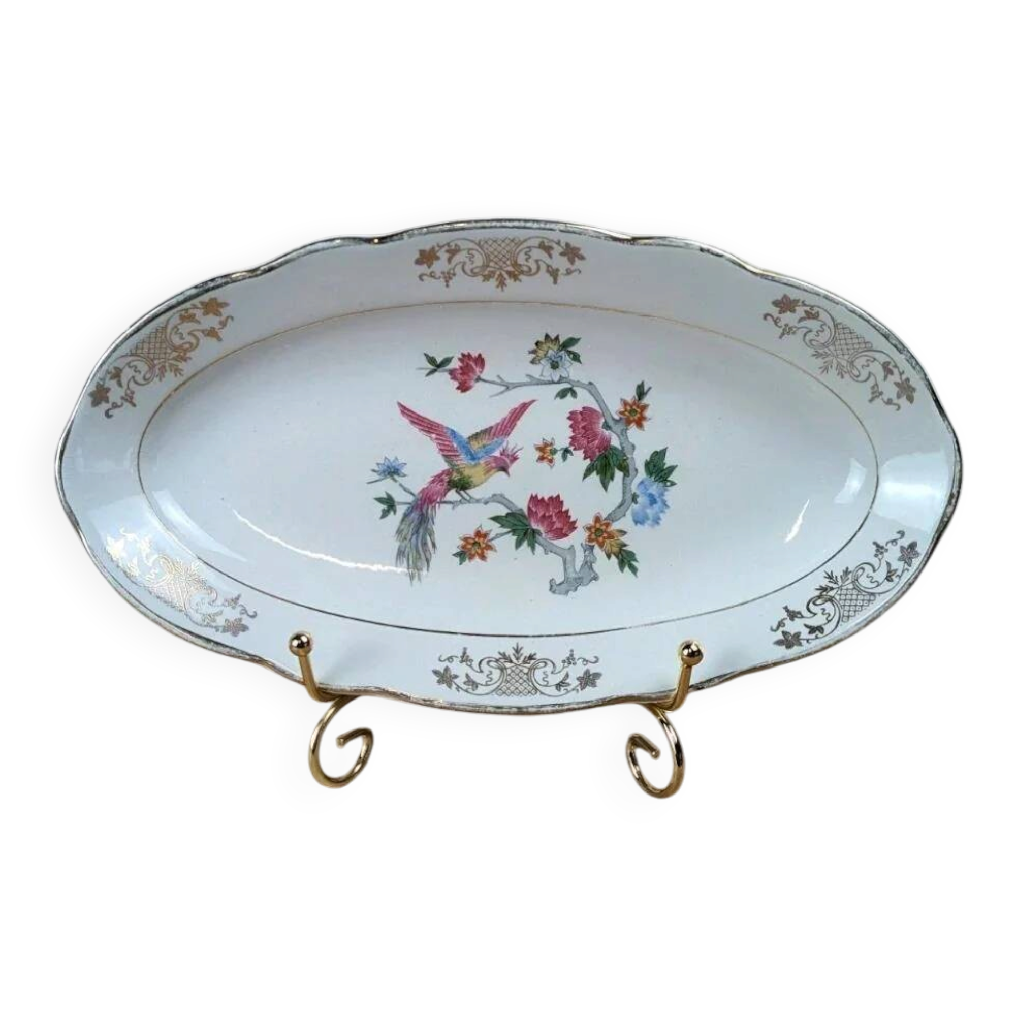 Antique oval plate Kg Lunéville – bird & golden flower decoration