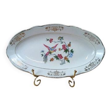 Plat ovale ancien Kg Lunéville – décor oiseau & fleurs dorées