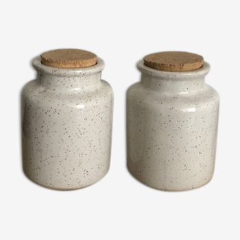 Duo of pots with white sandstone lids