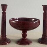 Bougeoirs et coupe en céramique mouchetée .