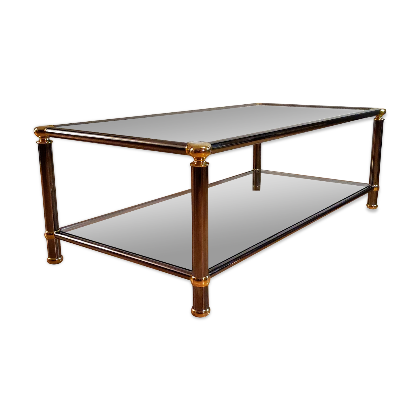 Hollywood regency gold metal & smoked silver coffee table, cut glass