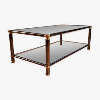 Hollywood regency gold metal & smoked silver coffee table, cut glass