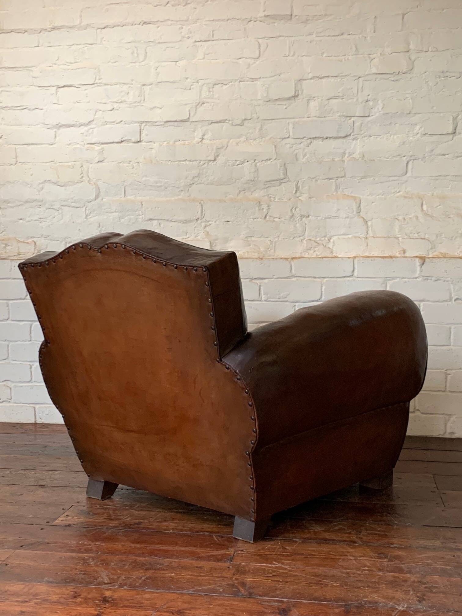 French Leather Club Chair, Havana Mustache Model, with Cuban Cigar Arms, Circa 1930's