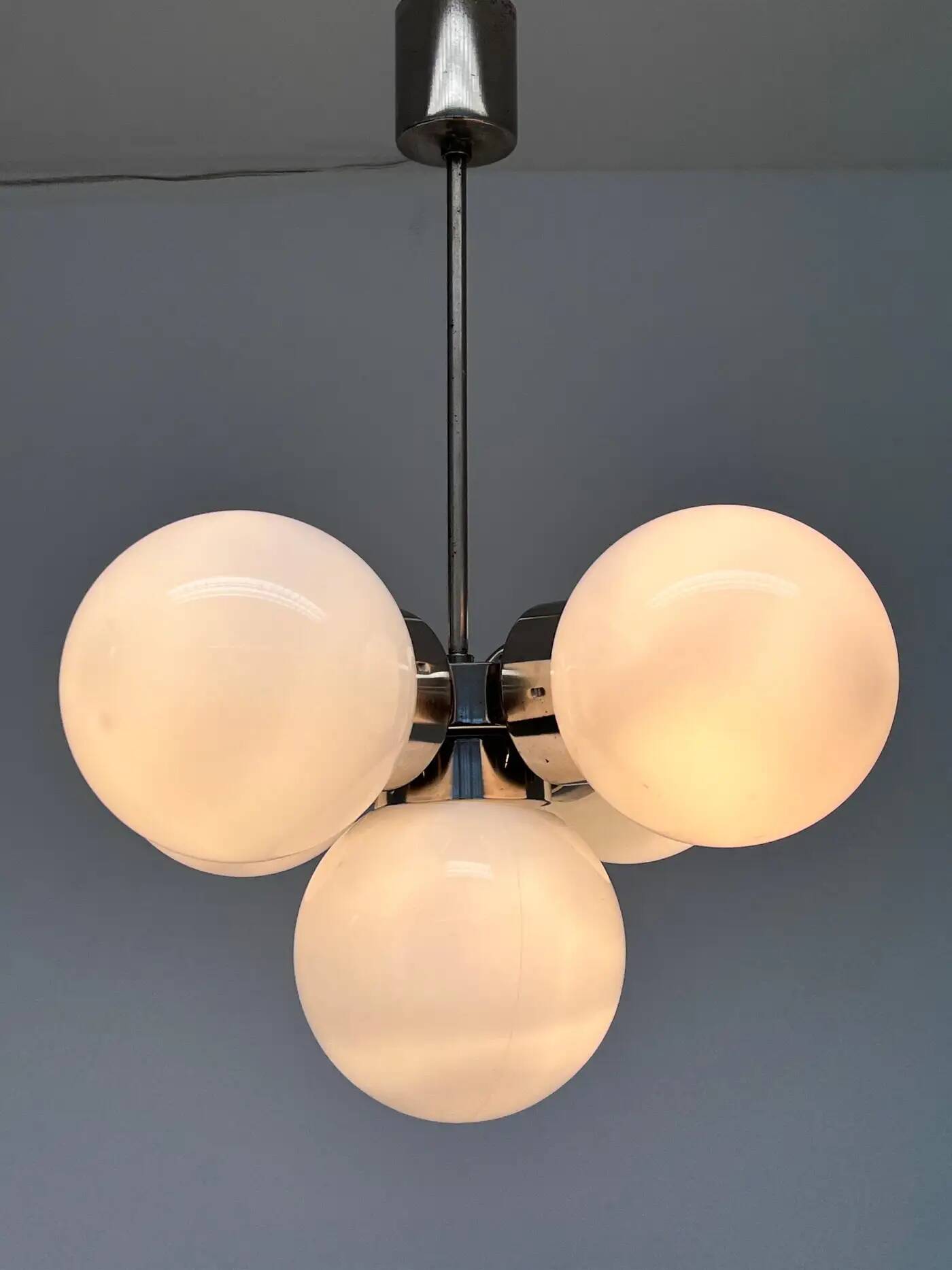 Pair of space age chrome & milk glass Sputniks - Czechoslovakia / 1970s