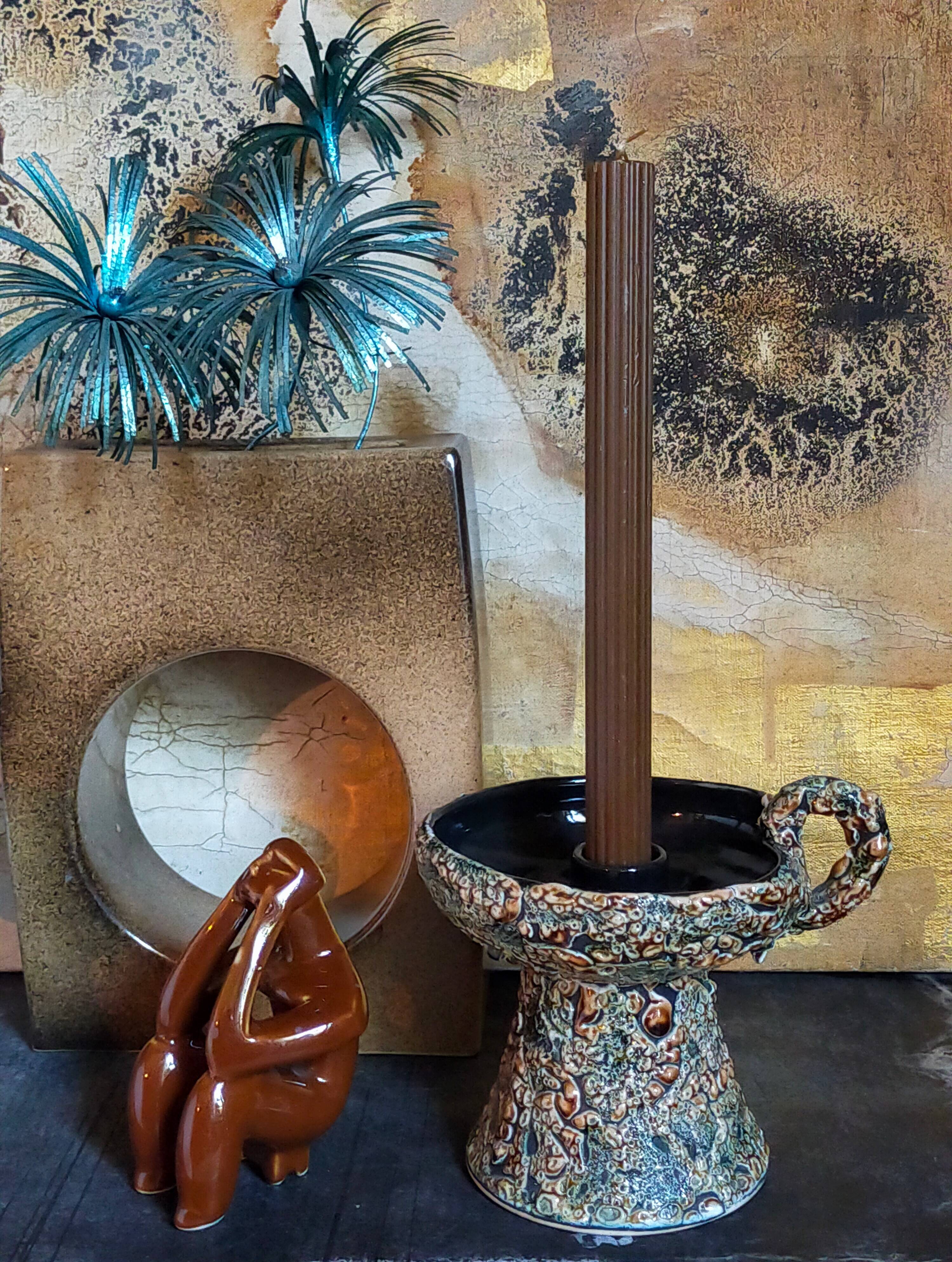 Pair of vintage Vanoise honey foam ceramic candlesticks