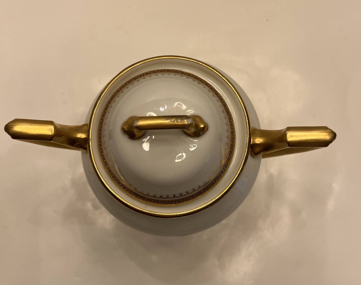 Antique sugar bowl porcelain from Limoges Paroutaud Frères P.P. Greek frieze gold