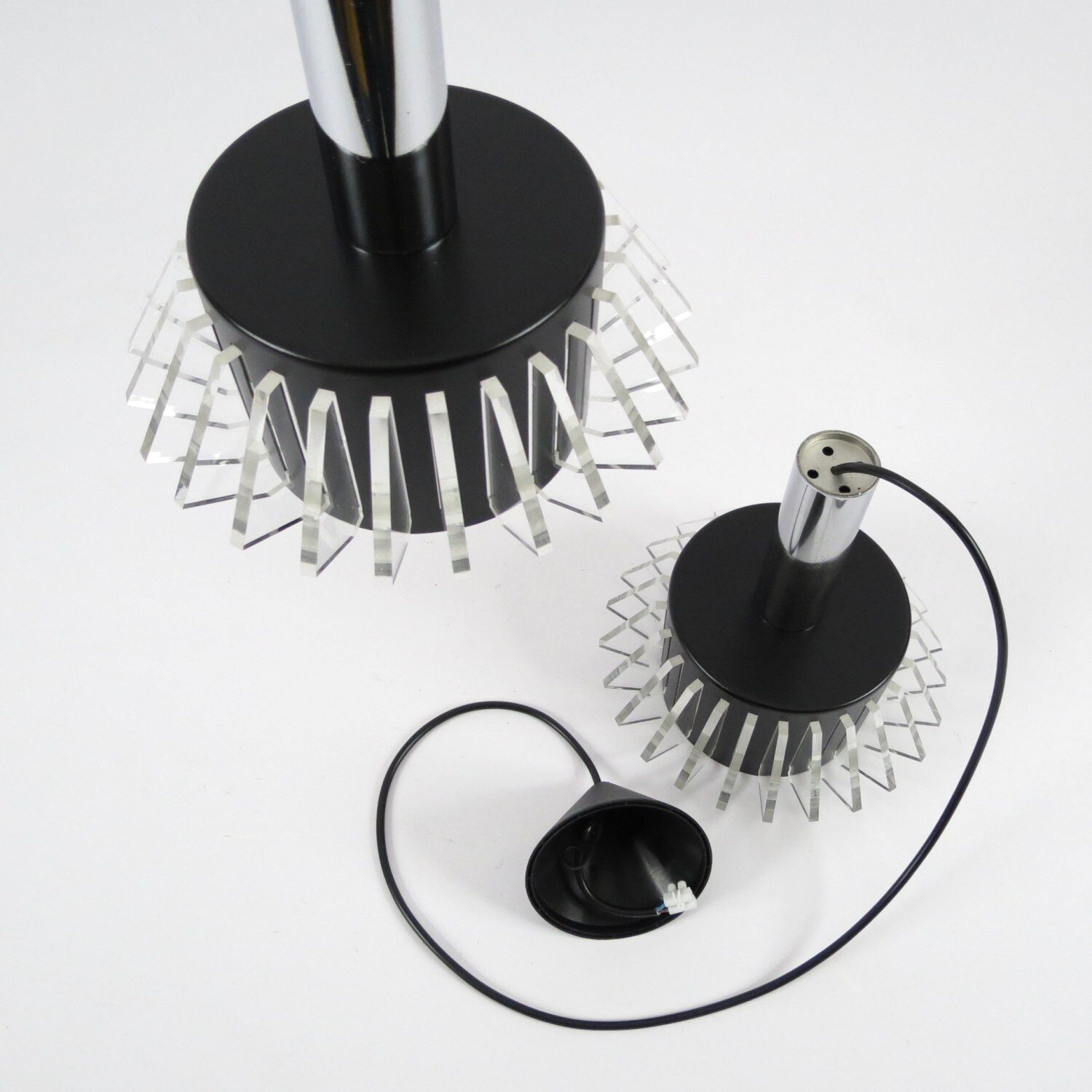 Set of 2 space age lucite and metal pendants, 1970s