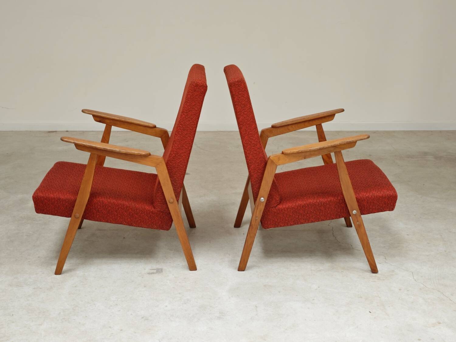 Pair of Uluv red Eastern Bloc armchairs, 1960s