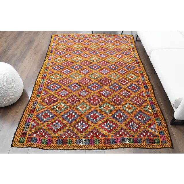 1970s vintage Turkish Oushak handmade wool cotton orange area rug 177x256