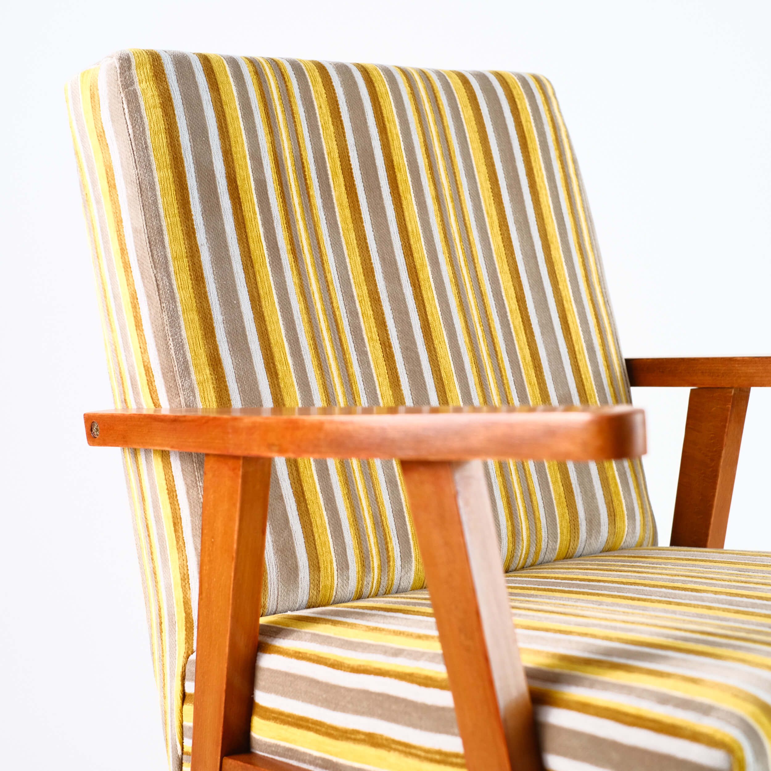 Vintage armchair yellow-gray stripes, velvet Pierre Frey, solid wood, 60s / 70s