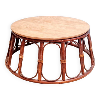 Rattan and oak coffee table