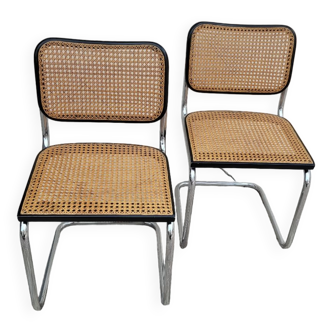 Pair of chairs by Marcel Breuer in black canework model B32 signed Italy