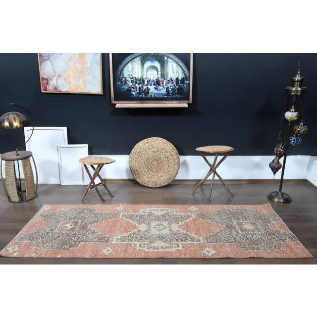 Orange Brown Turkish Vintage Handmade Oushak Wool Runner Rug 87x237