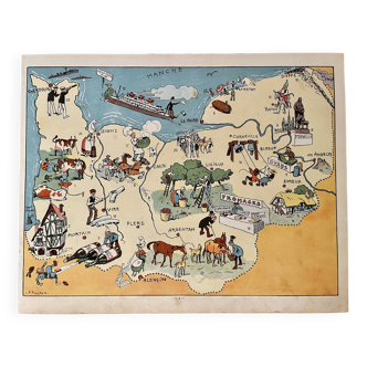Old poster illustrated map of Normandy 1934 - JP Pinchon