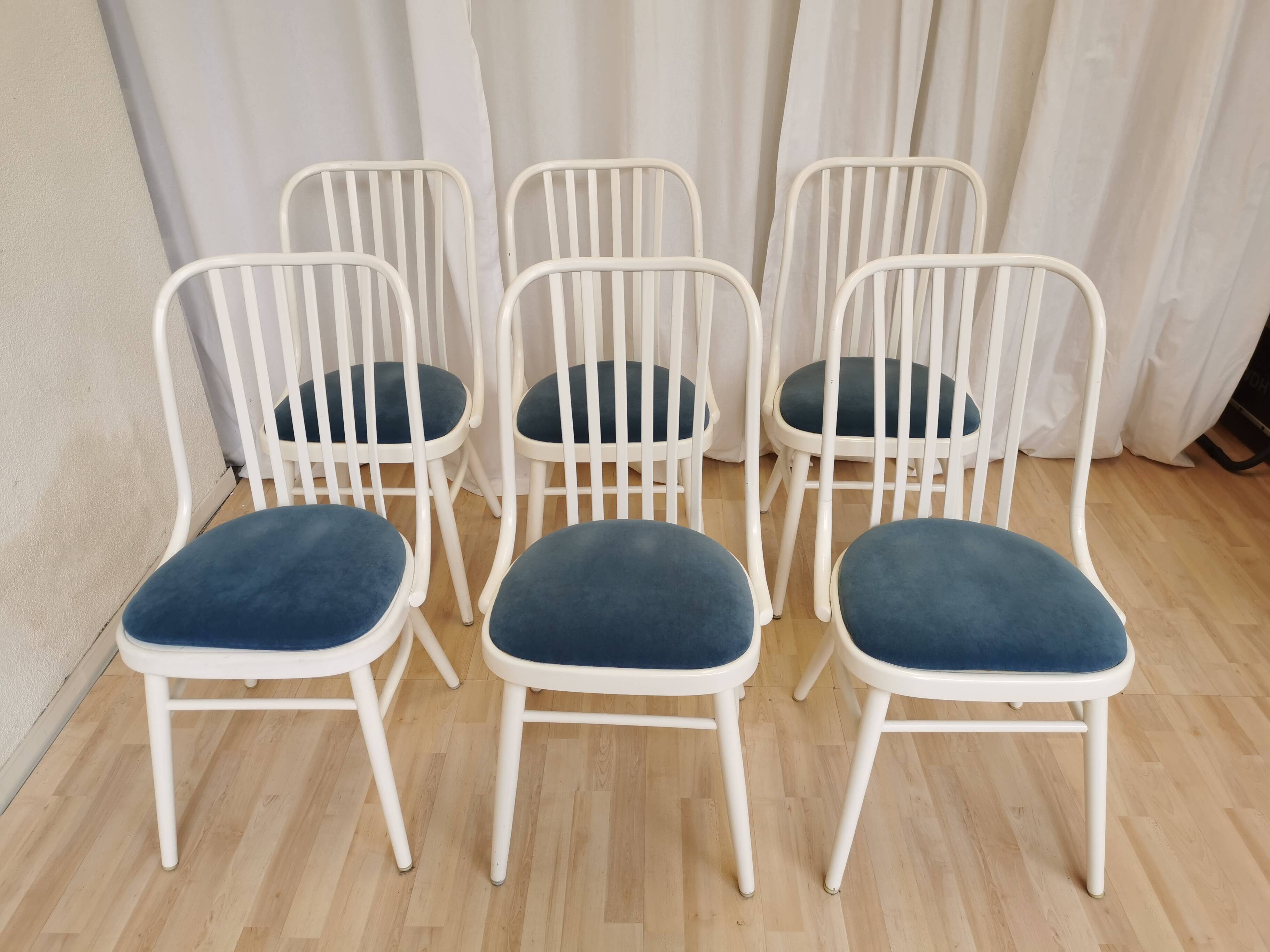 Set of 6 Vintage Bentwood Dining Chairs: White Ligna Style, Blue Fabric