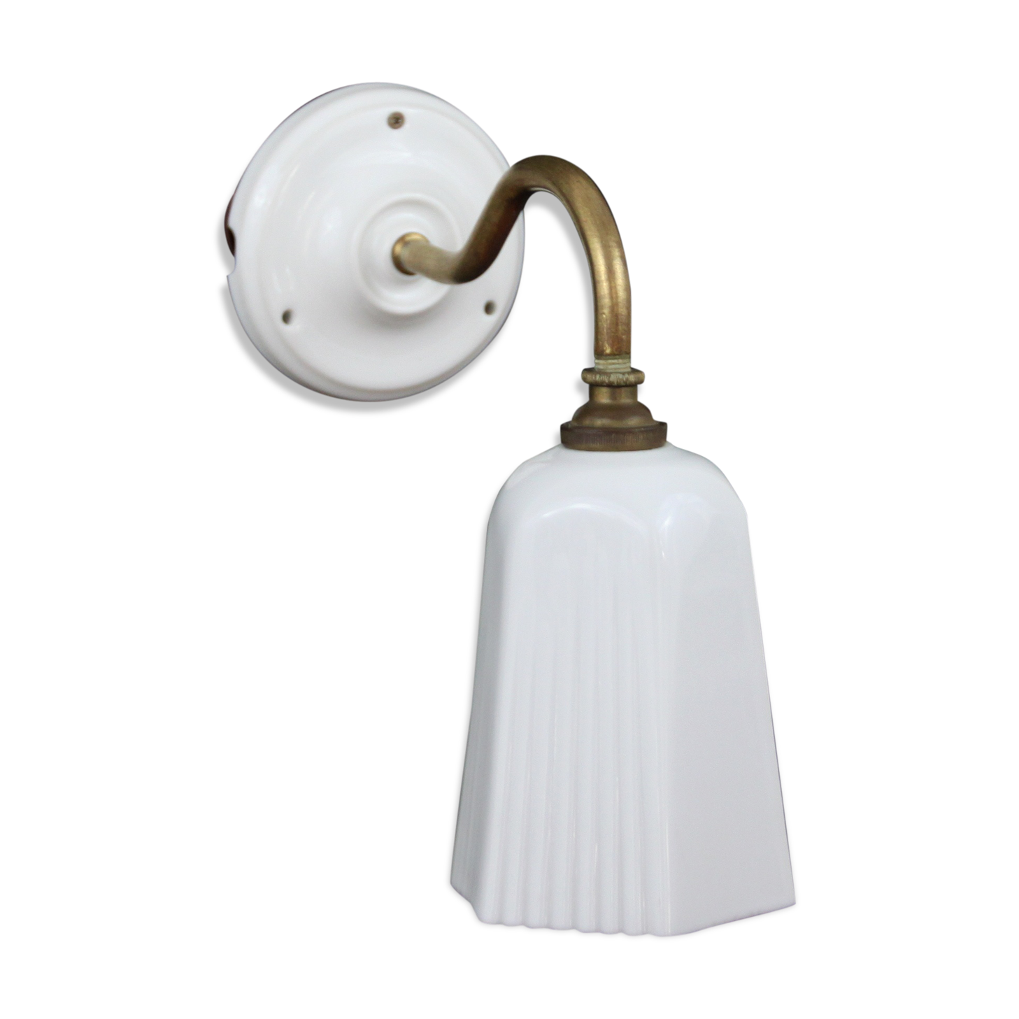 Brass, porcelain, opaline glass tulip swan neck wall lamp
